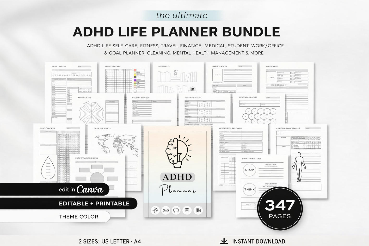 Adhd planner printable, Adhd life planner, adhd digital planner, adhd self care daily planner, Editable Adult ADHD Productivity journal, pdf