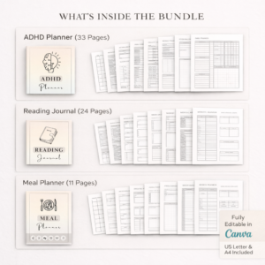 Adhd planner printable, Adhd life planner, adhd digital planner, adhd self care daily planner, Editable Adult ADHD Productivity journal, pdf