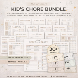 Editable Kids Chore Chart Bundle, School, Reward, Allowance, Daily Checklist, Weekly Chores, Responsibility, Behavior, Consequences, Letter