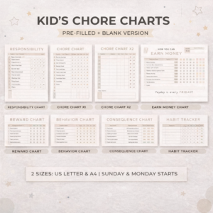 Editable Kids Chore Chart Bundle, School, Reward, Allowance, Daily Checklist, Weekly Chores, Responsibility, Behavior, Consequences, Letter