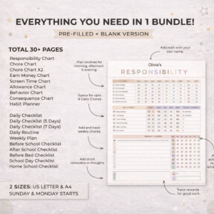 Editable Kids Chore Chart Bundle, School, Reward, Allowance, Daily Checklist, Weekly Chores, Responsibility, Behavior, Consequences, Letter