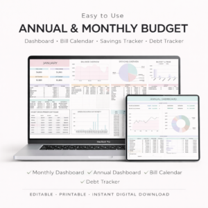 Annual & Monthly Budget Spreadsheet Google Sheet Template Financial Planner Debt payoff Snowball Saving Subscription Income Expense Tracker